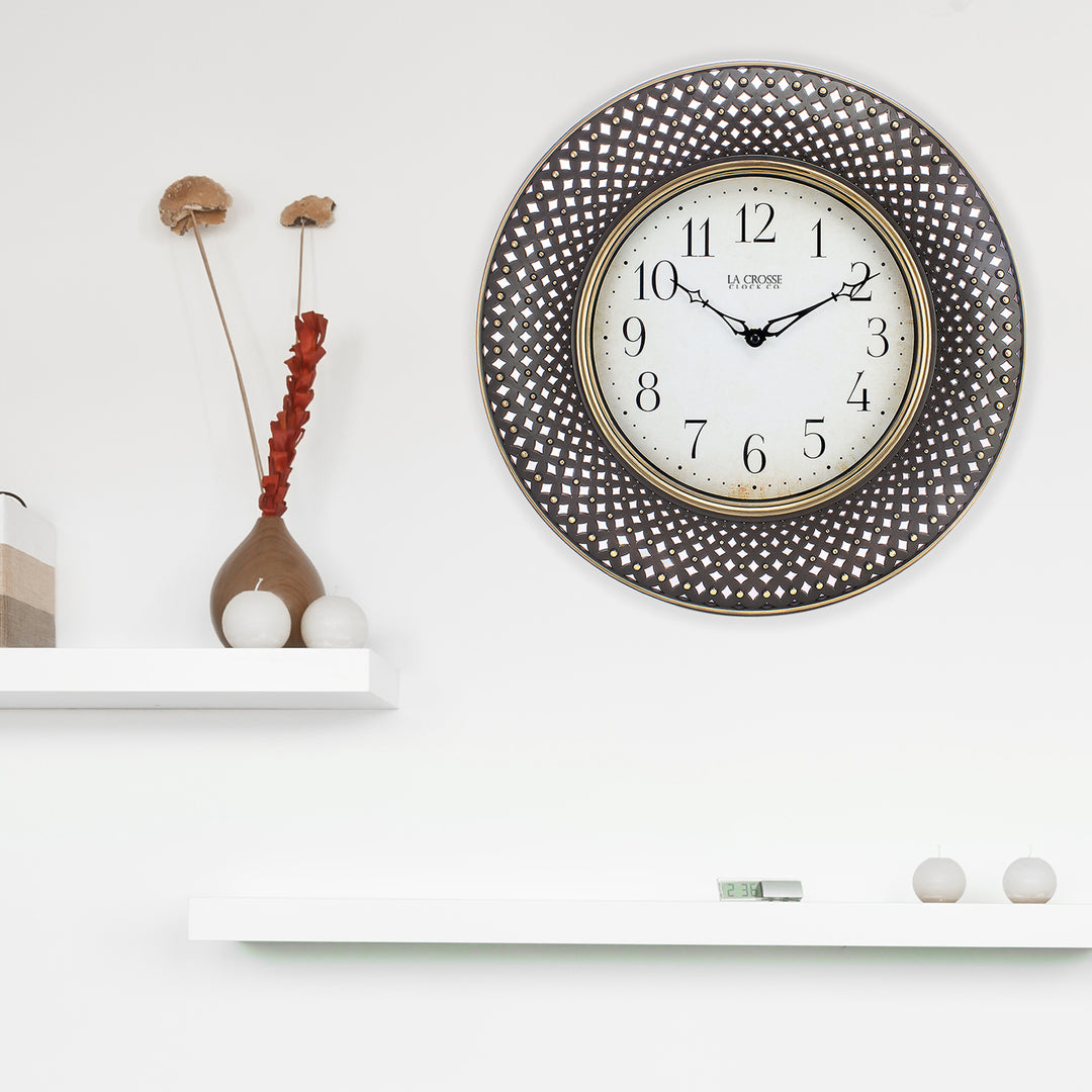 16-inch Antiqued Brown Analog Lattice Wall Clock