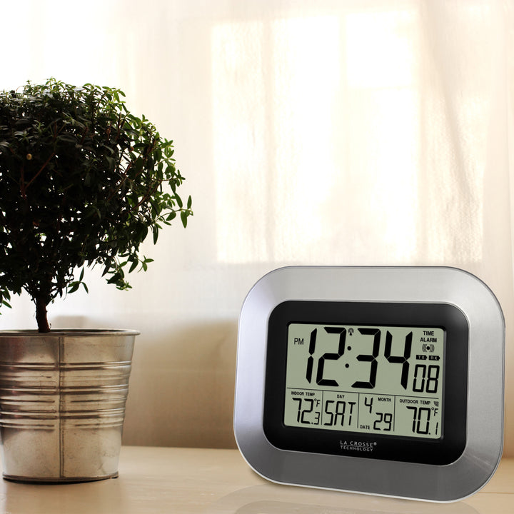 Atomic Wall Clock With Indoor/Outdoor Temperature - Self-Setting Digital Clock With Wireless Sensor