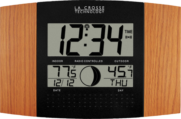 WS-8117U-IT-OAK Atomic Digital Wall Clock with Moon Phase and Indoor/O